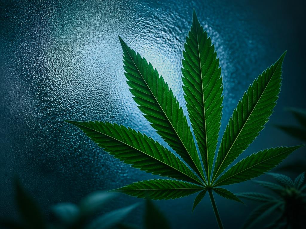 Hoja de cánnabis verde frente a un cristal escarchado